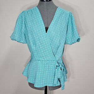 Meraki Faux Wrap Blouse Puff Sleeve Women’s Large Green Teal Geometric Pattern